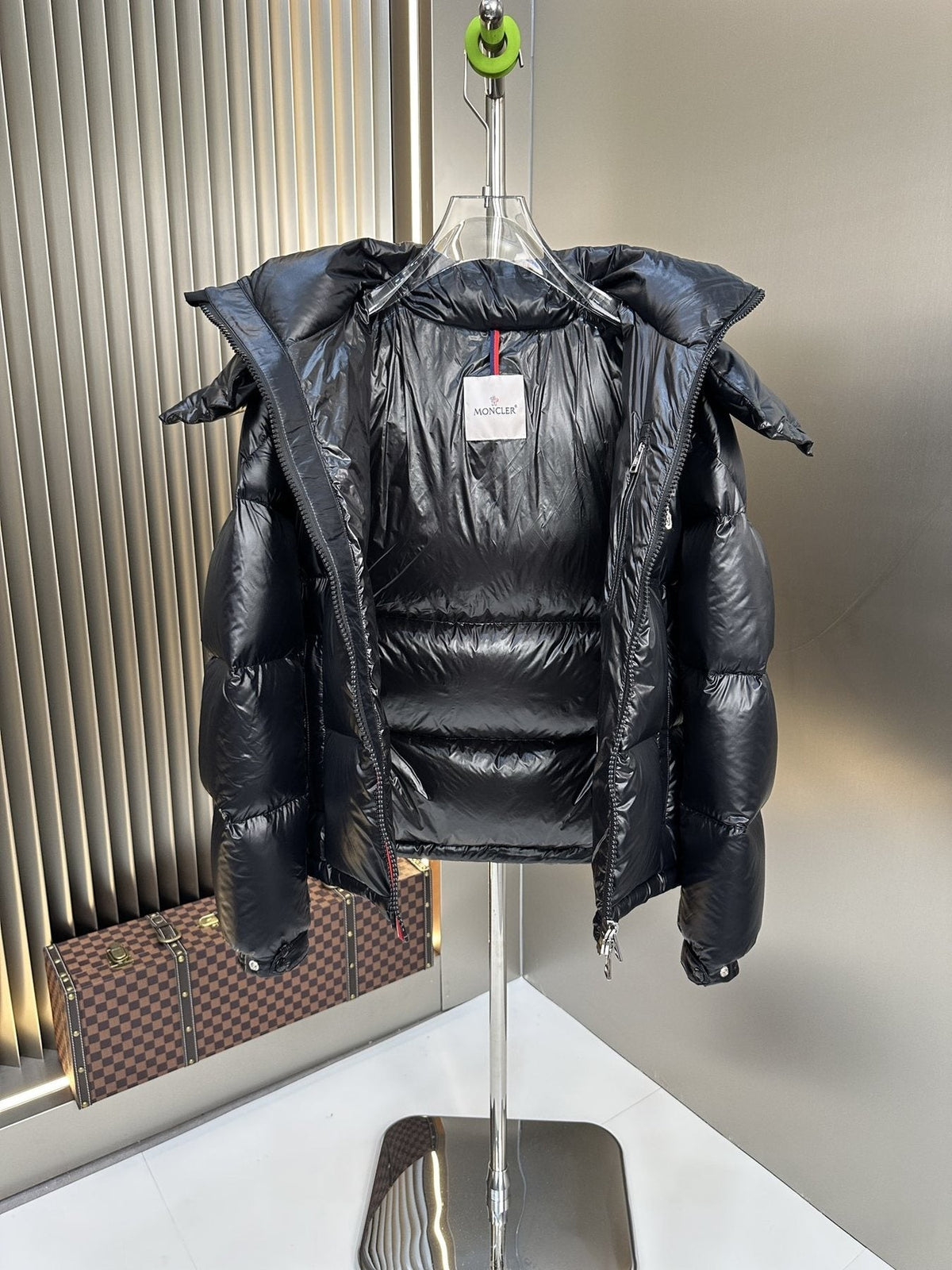 Moncler Black Hooded Puffer Coat with Tricolor Zip Trim