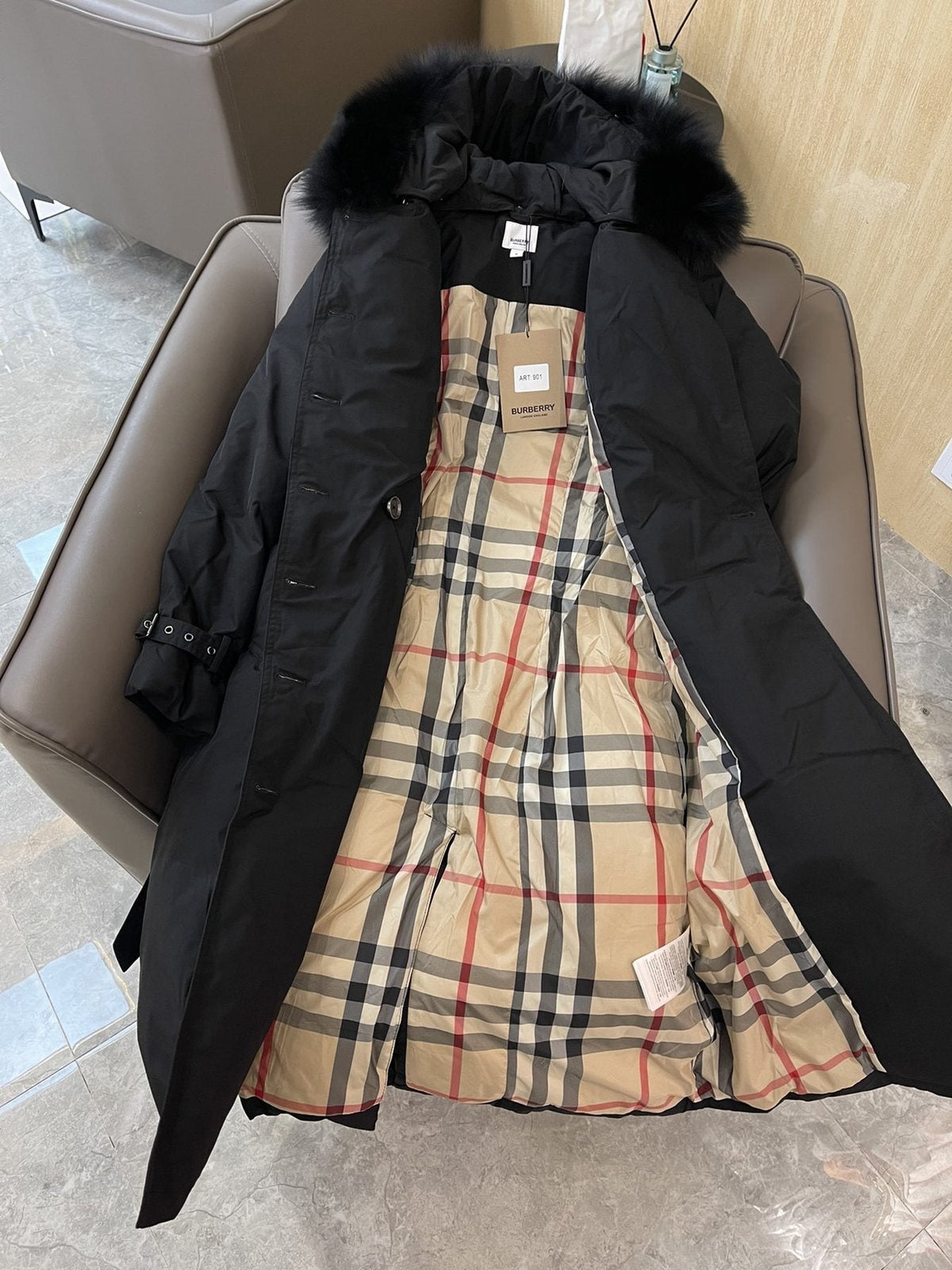 Burberry Fox Fur-Trim Belted Long Down Jacket