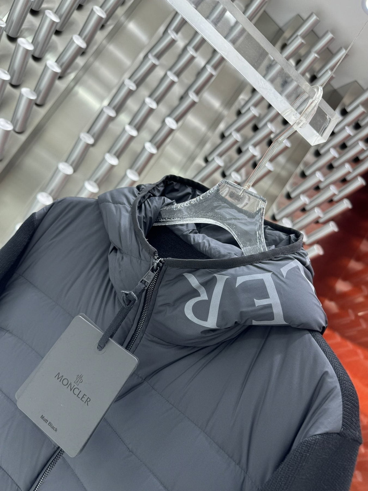 Moncler Grey Quilted Knit-Sleeve Hooded Puffer Jacket