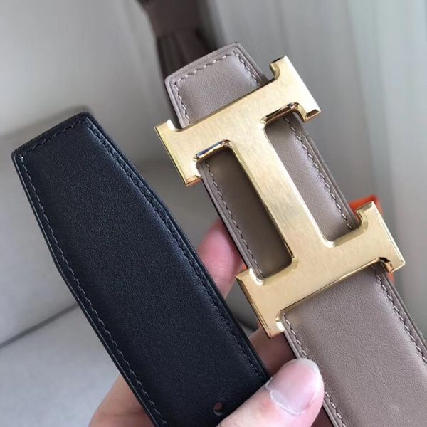 HERM H Reversible Belt In Grey/Black Swift Leather