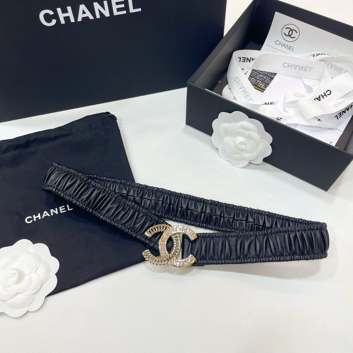 DOUBLE C ELASTIC BELT 30MM IN BLACK CALFSKIN GOLD CRYSTAL EMBELLISHED BUCKLE