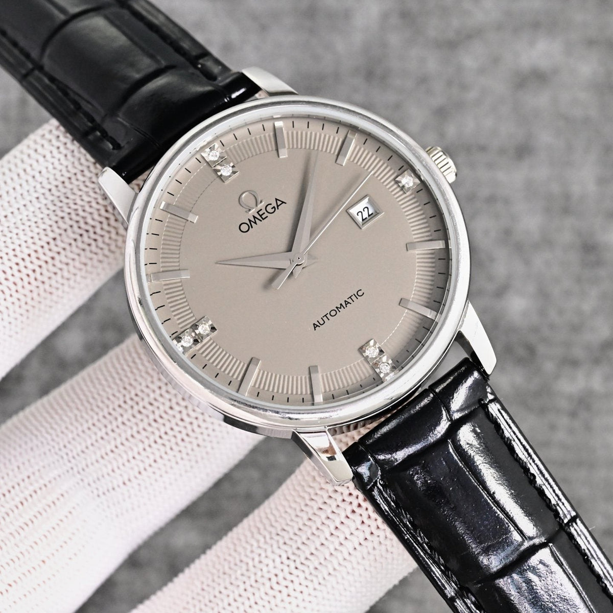 Omega Silver Dial Black Strap Watch