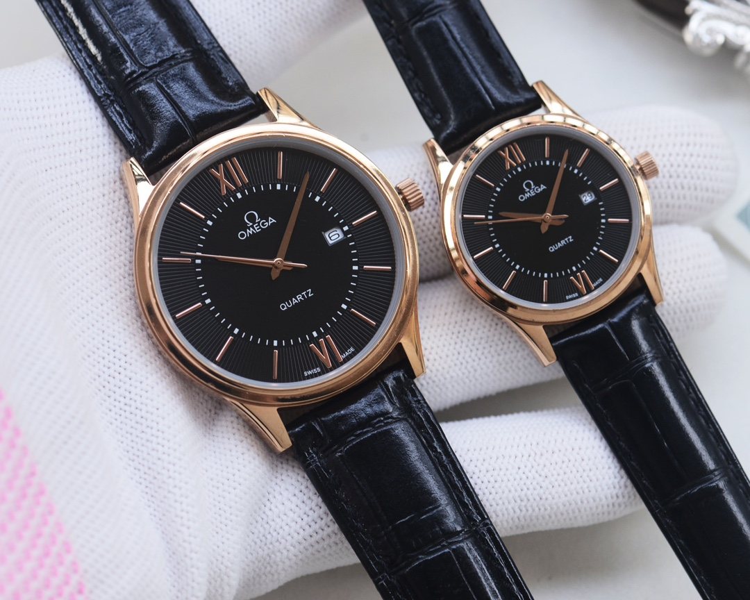 OMEGA Rose Gold Black Dial Leather Strap Watch