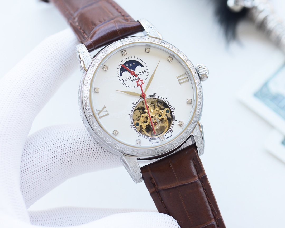Patek Philippe Brown Silver White Dial Strap Watch