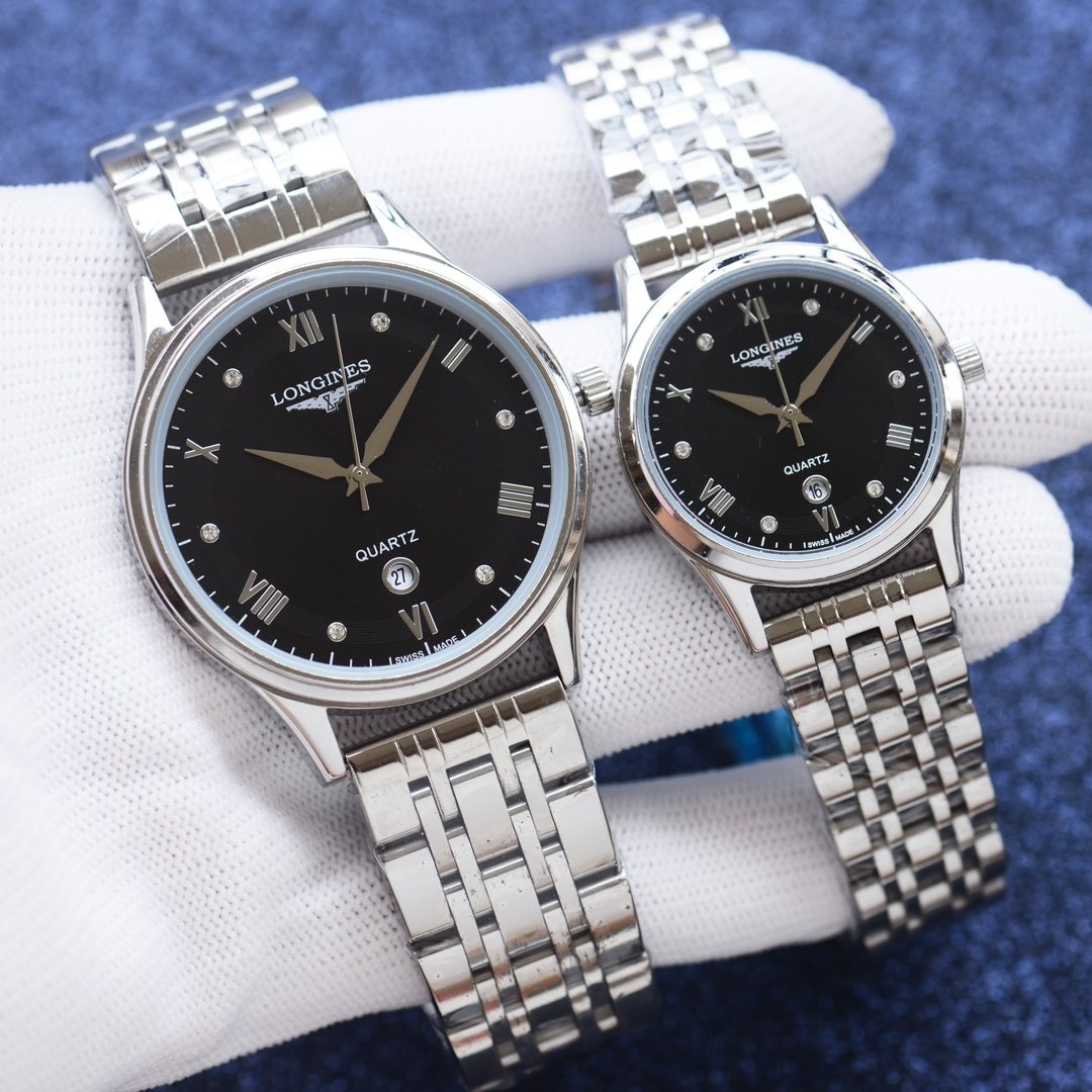 Longines Silver Black Dial Bracelet Couple Watch Set