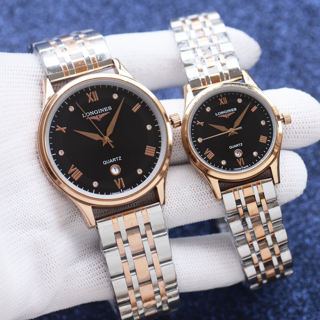 Longines Rose Gold Silver Black Dial Bracelet Couple Watch Set