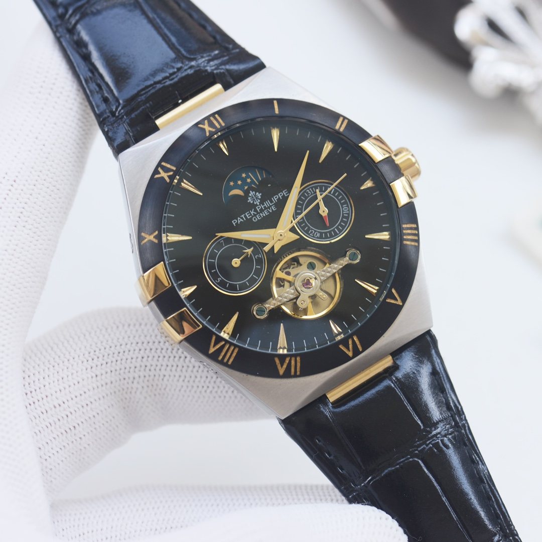 Patek Philippe Blue Gold Black Dial Leather Strap Watch