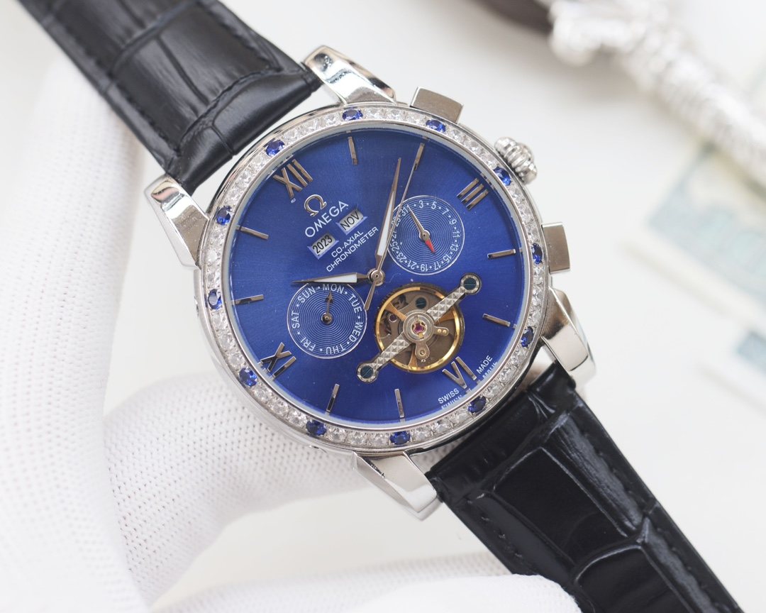 OMEGA Blue Dial Black Strap Watch