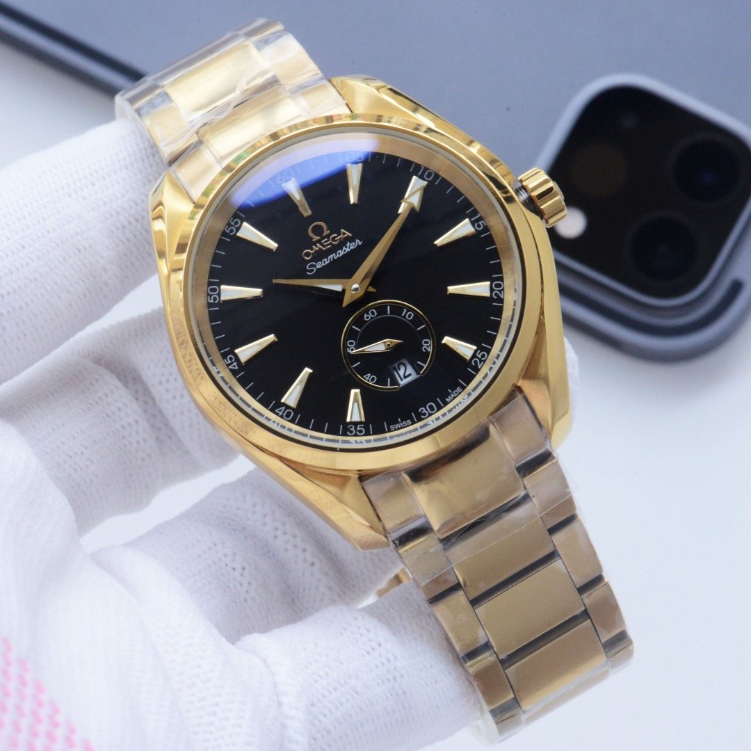 Omega Gold Black Dial Bracelet Watch