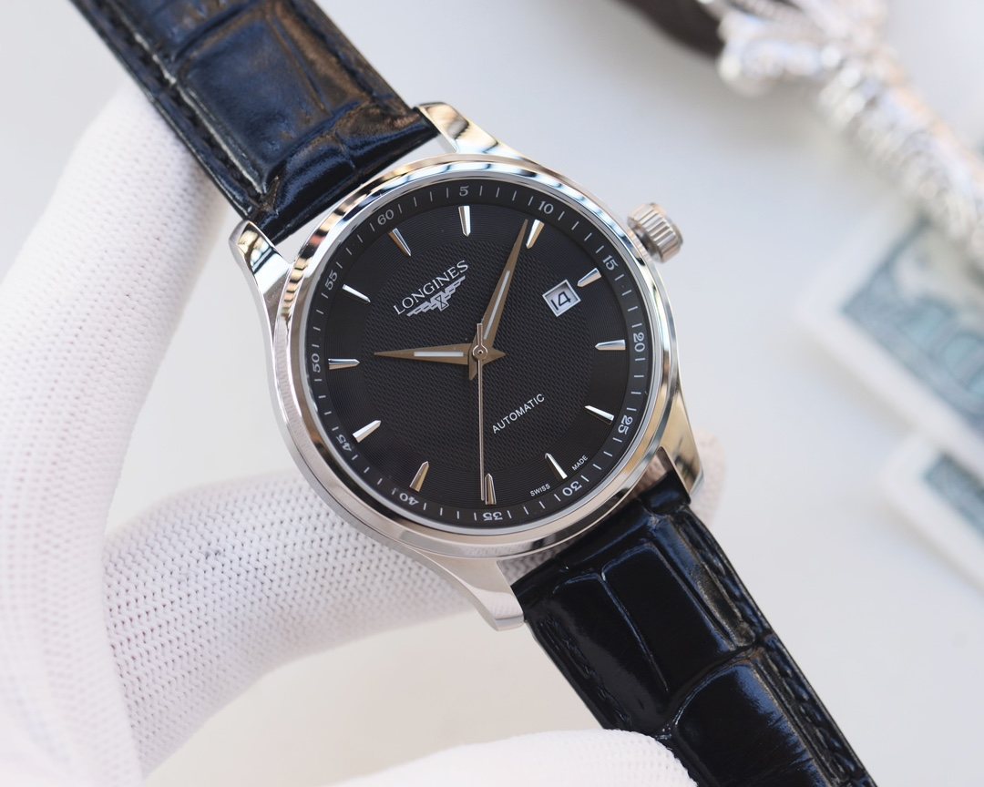 Longines Silver Blue Black Dial Leather Strap Watch