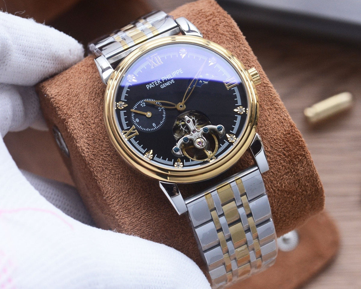 Patek Philippe Silver Gold Black Dial Bracelet Watch