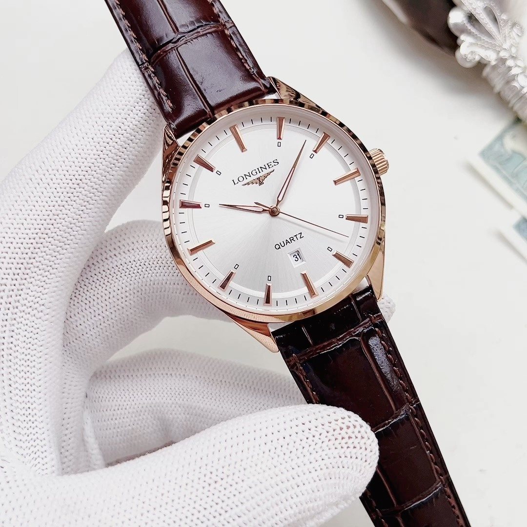 Longines Rose Gold-Tone Brown Leather Strap Couple Watch Set