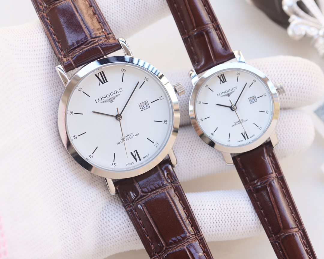 Longines Silver White Dial Brown Strap Couple Watch Set