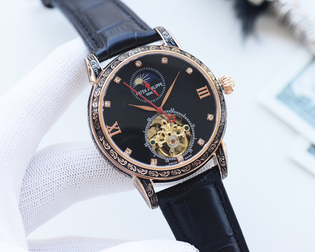 Patek Philippe Brown Rose Gold Black Dial Leather Strap Watch