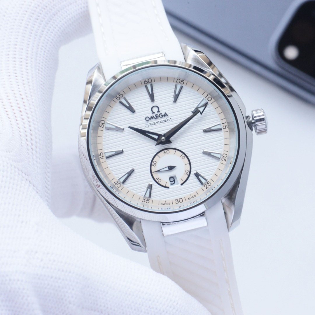 Omega Silver White Dial Leather Strap Watch