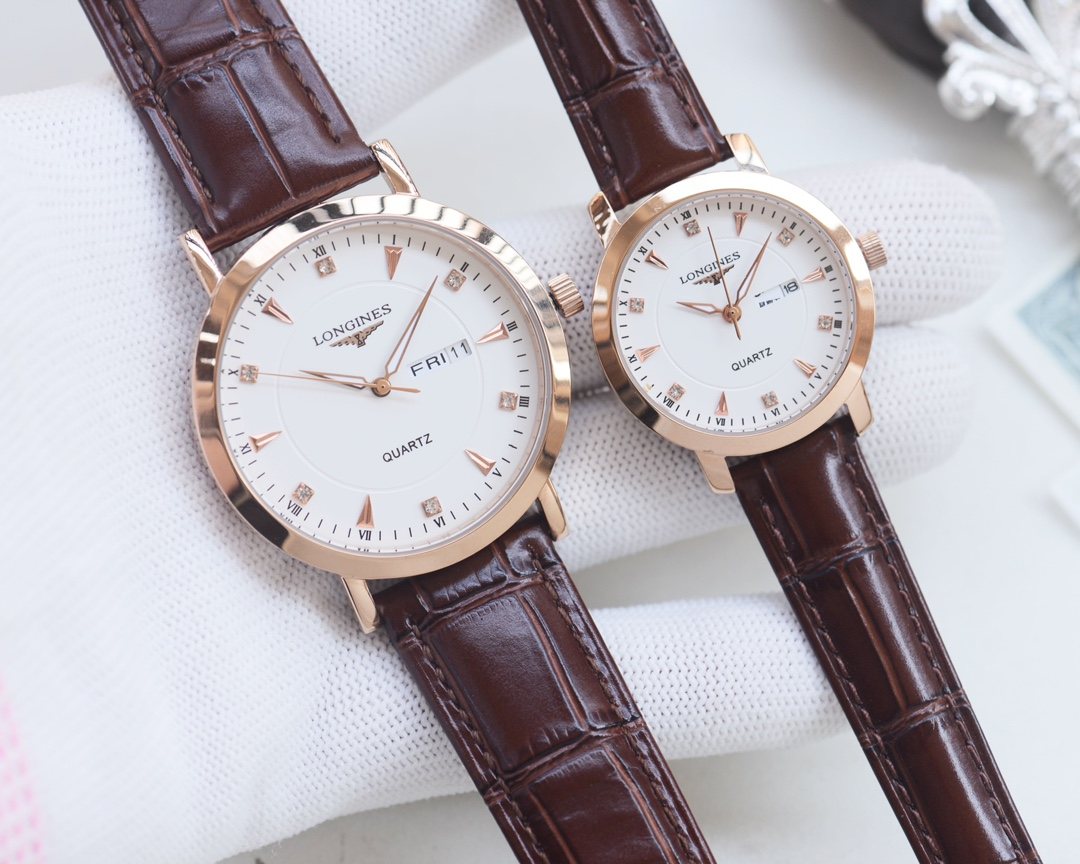 Longines Rose Gold White Dial Brown Strap Couple Watch Set