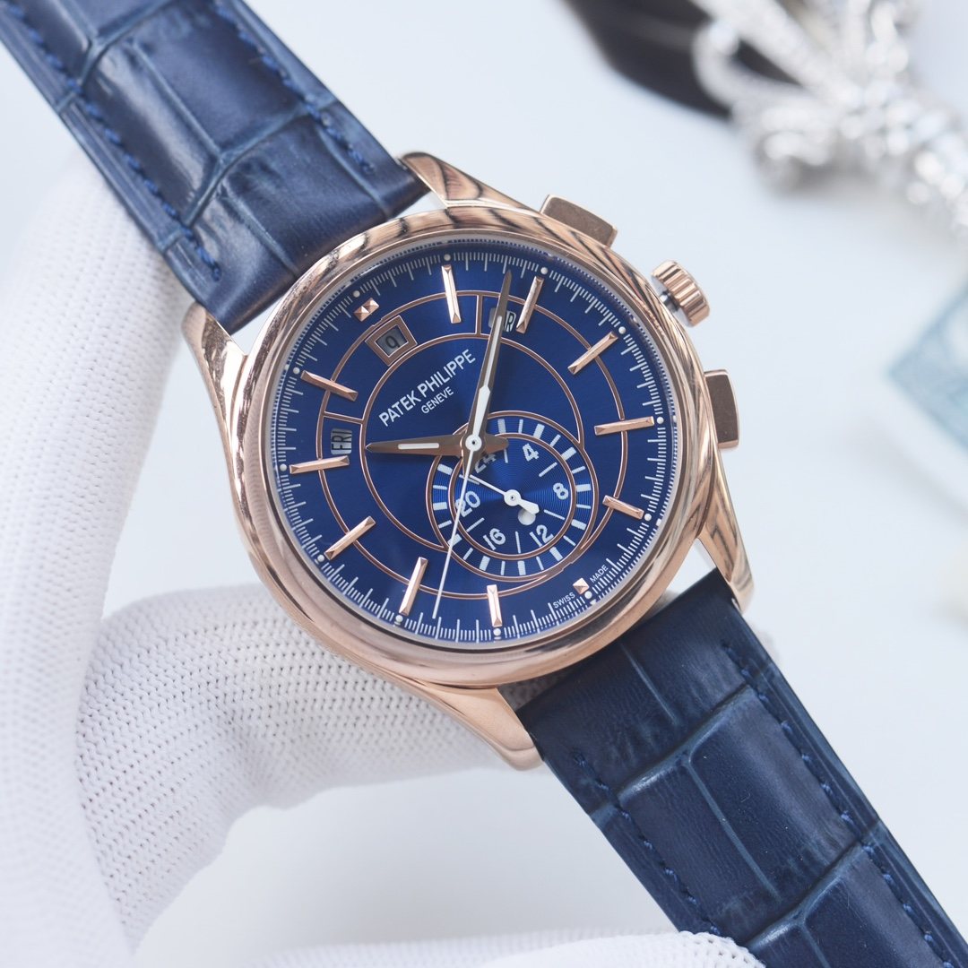 Patek Philippe Rose Gold Blue Dial Strap Watch