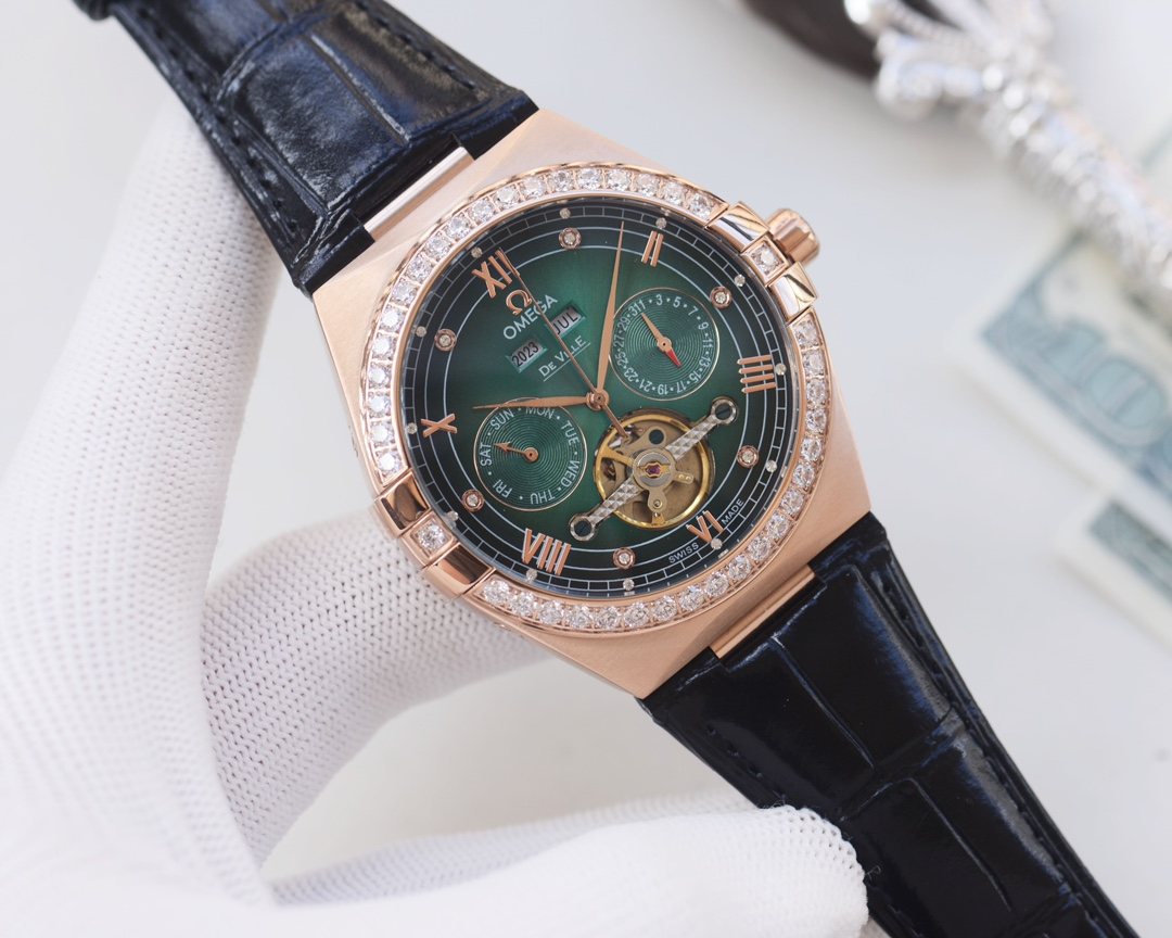OMEGA Rose Gold Black Green Dial Strap Watch