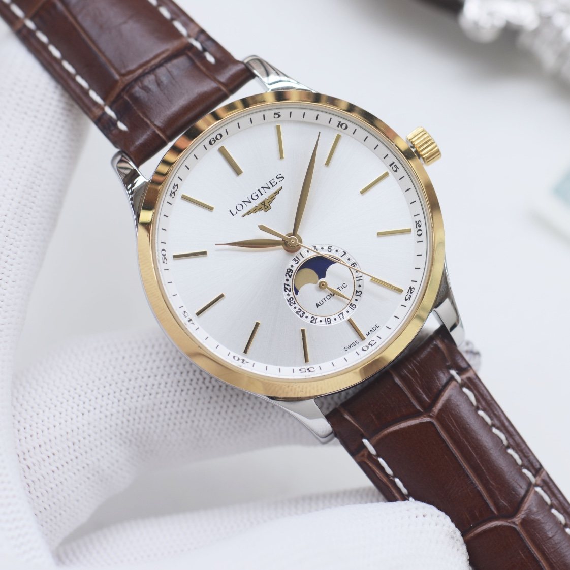 Longines Gold Brown White Dial Strap Watch