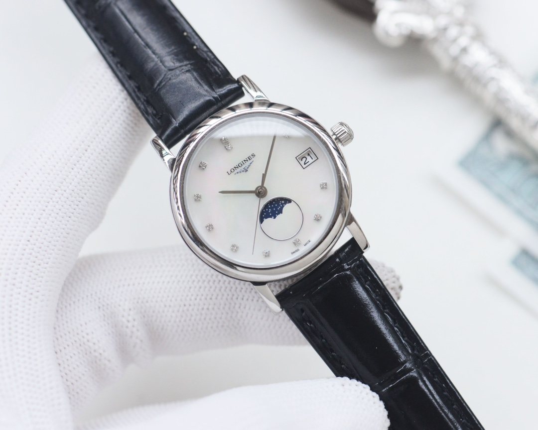 Longines Black Silver White Dial Strap Watch