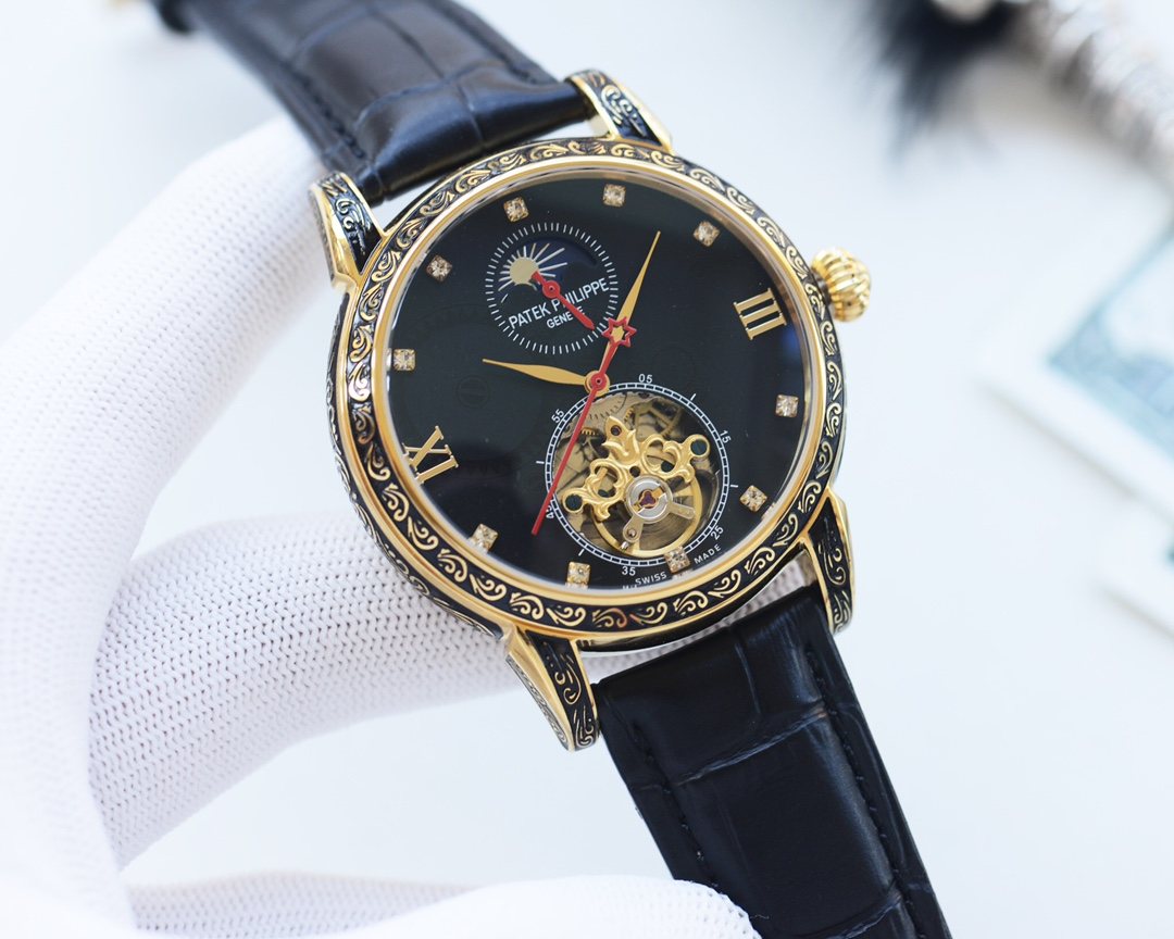 Patek Philippe Gold Black Dial Leather Strap Watch