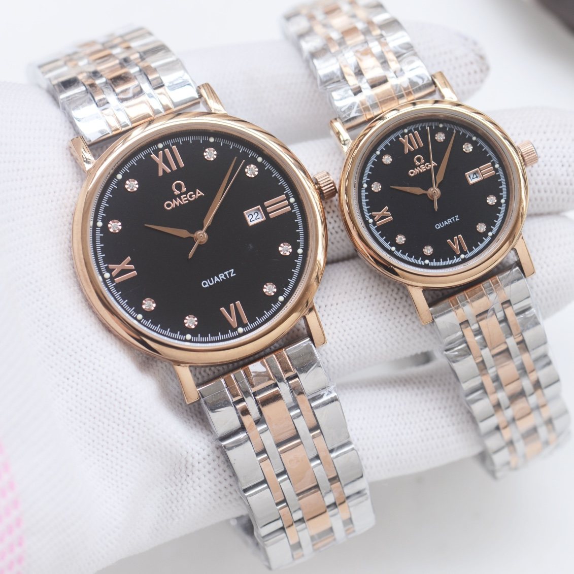 Omega Two-Tone Black Dial Bracelet Couple Watch Set