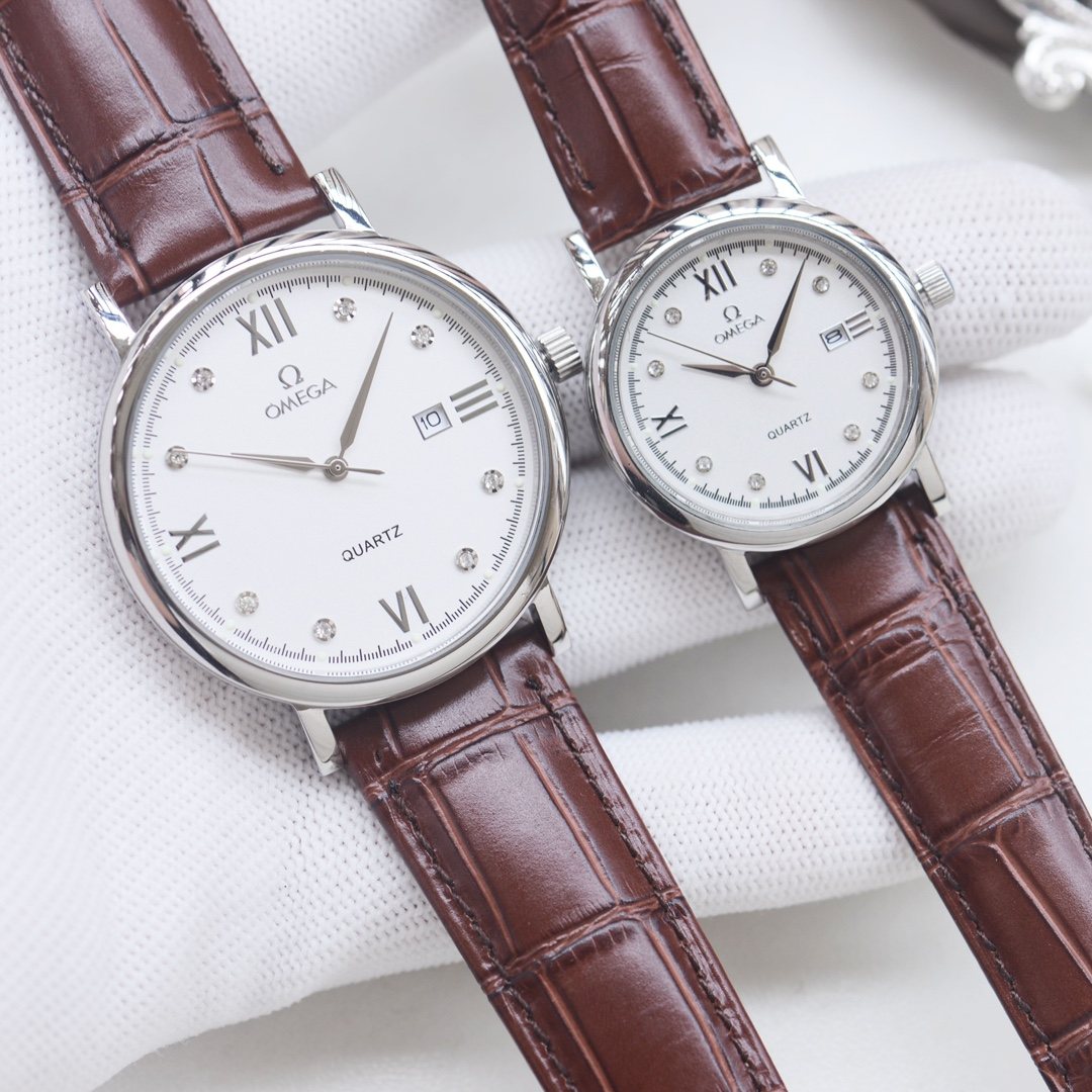 Omega White Dial Brown Strap Couple Watch Set