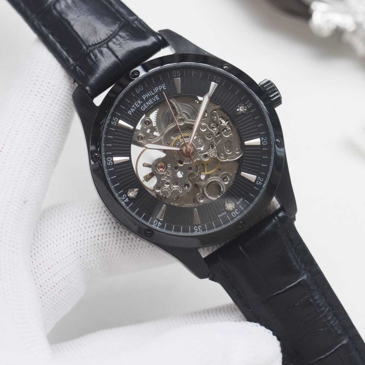 PATEK PHILIPPE Black Dial Leather Strap Watch