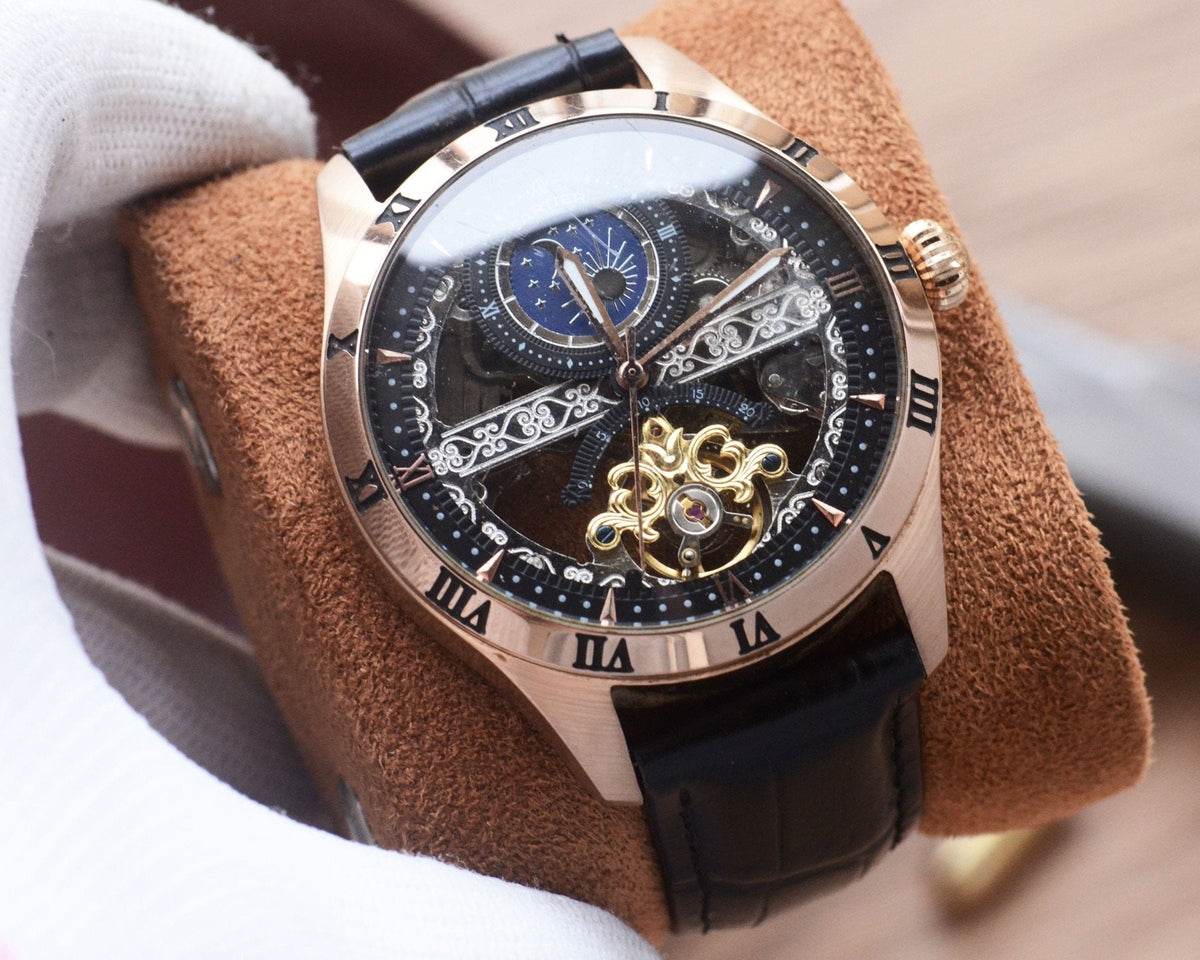 Cartier Rose Gold Black Dial Leather Strap Watch