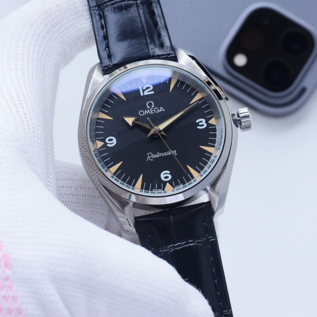 OMEGA Gold Black Dial Leather Strap Watch