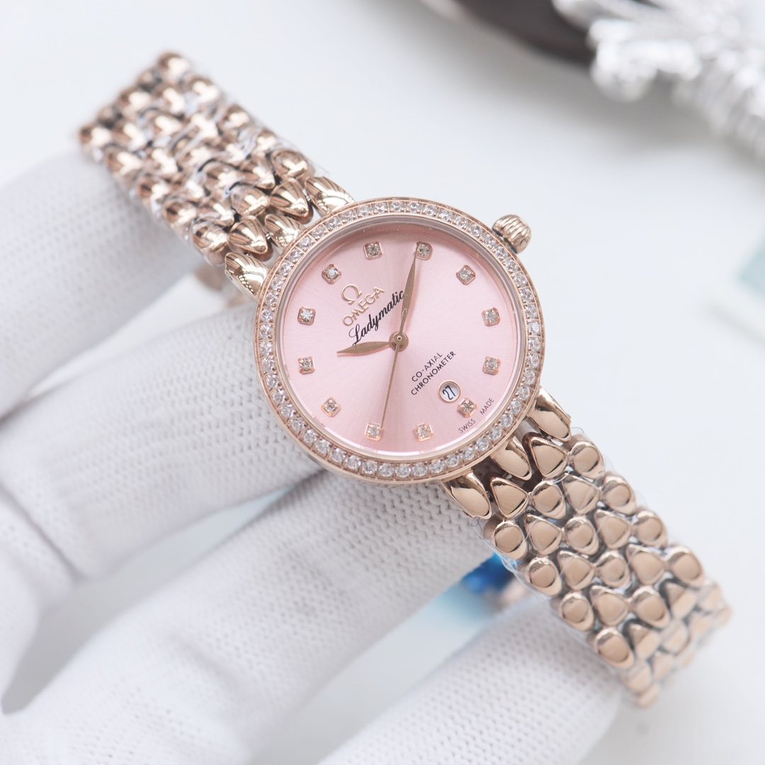 Omega Rose Gold Pink Dial Bracelet Watch