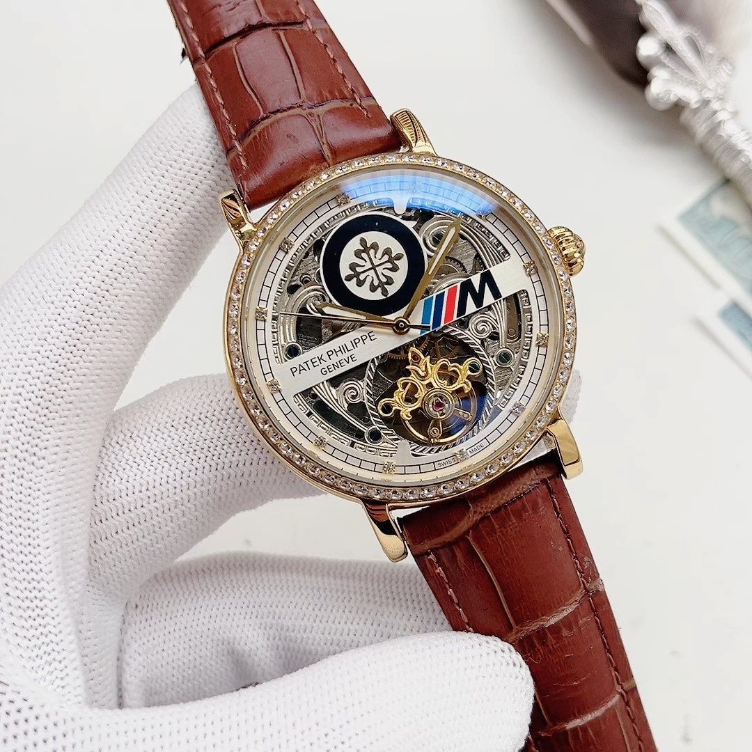 Patek Philippe Brown Leather Skeleton Dial Watch