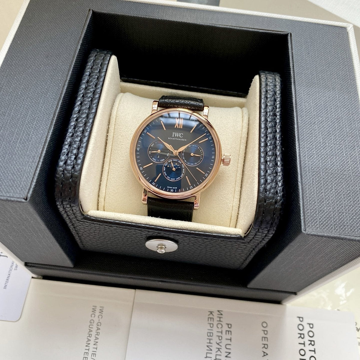 IWC Rose Gold Black Strap Watch