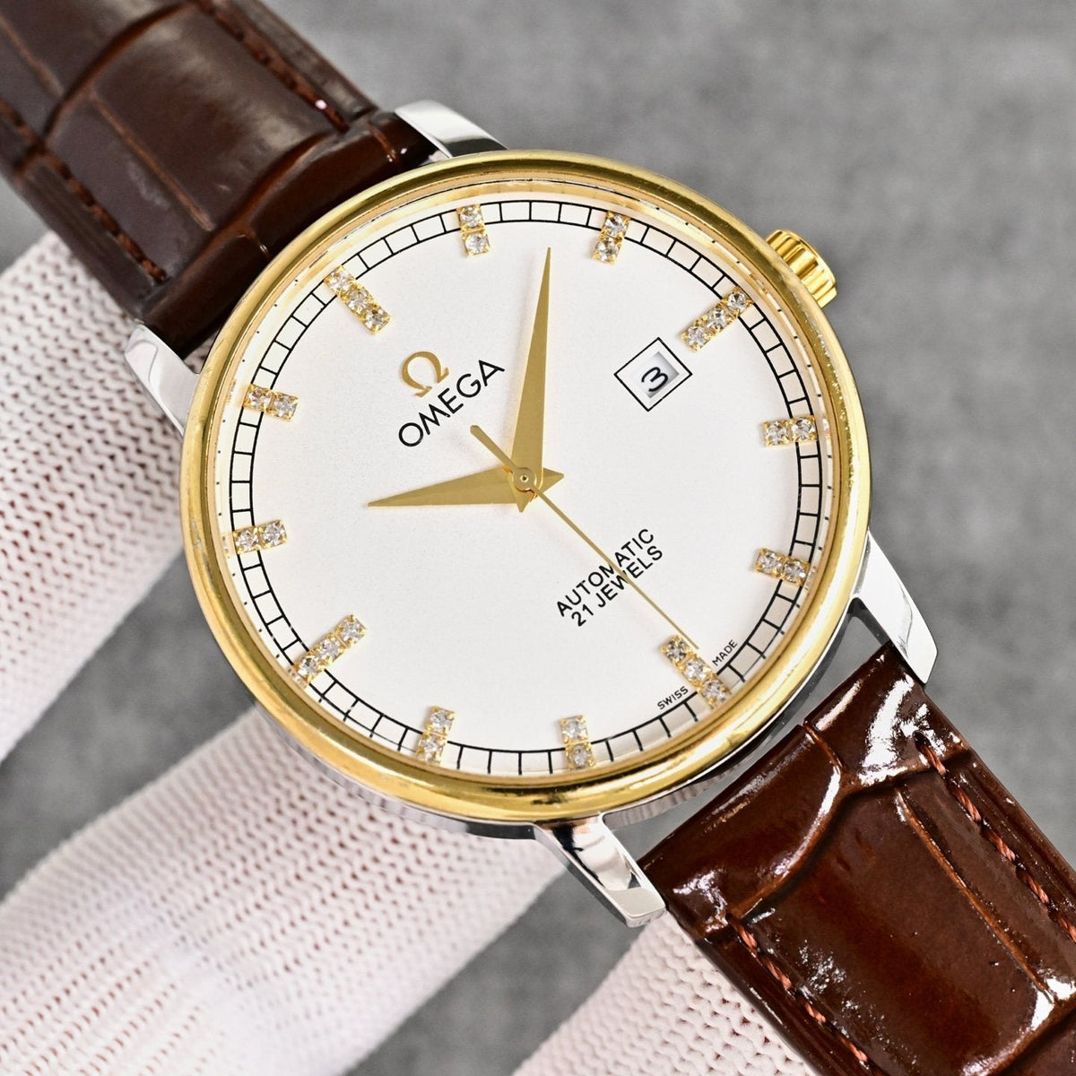 Omega Two Tone Brown White Dial Strap Watch