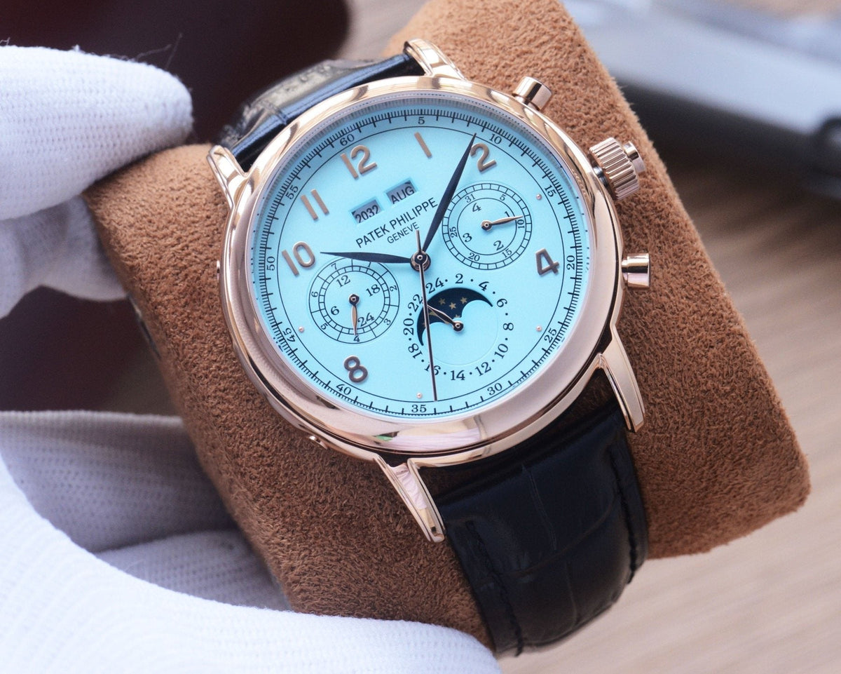 Patek Philippe Black Rose Gold Blue Dial Strap Watch