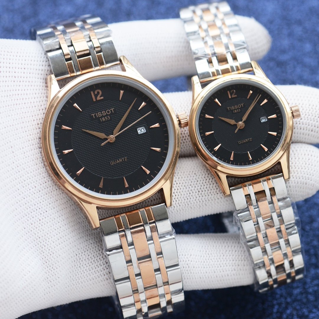 Tissot Rose Gold Silver Black Dial Bracelet Couple Watch Set