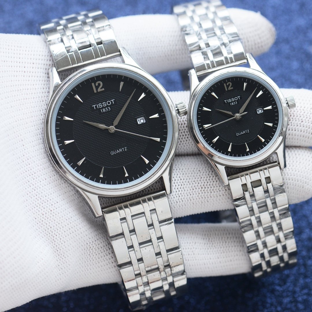 Tissot Silver Black Dial Bracelet Couple Watch Set