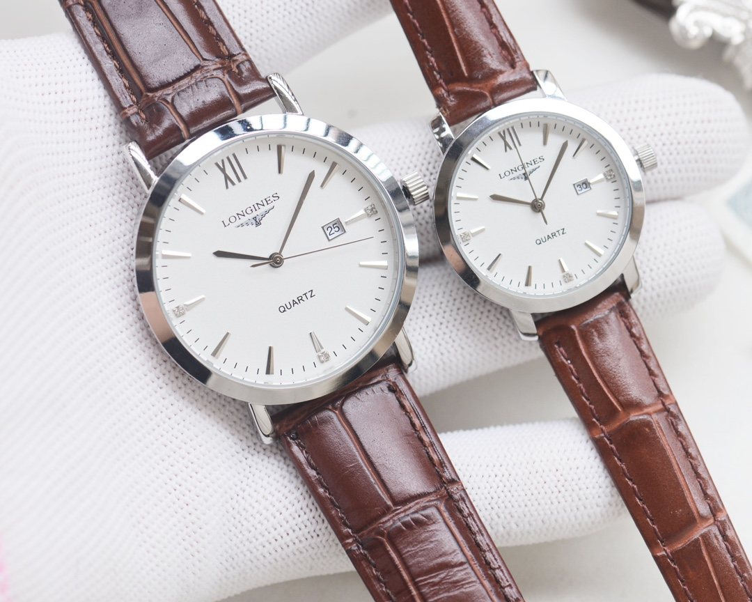 Longines Silver Rose Gold Brown Strap Couple Watch Set