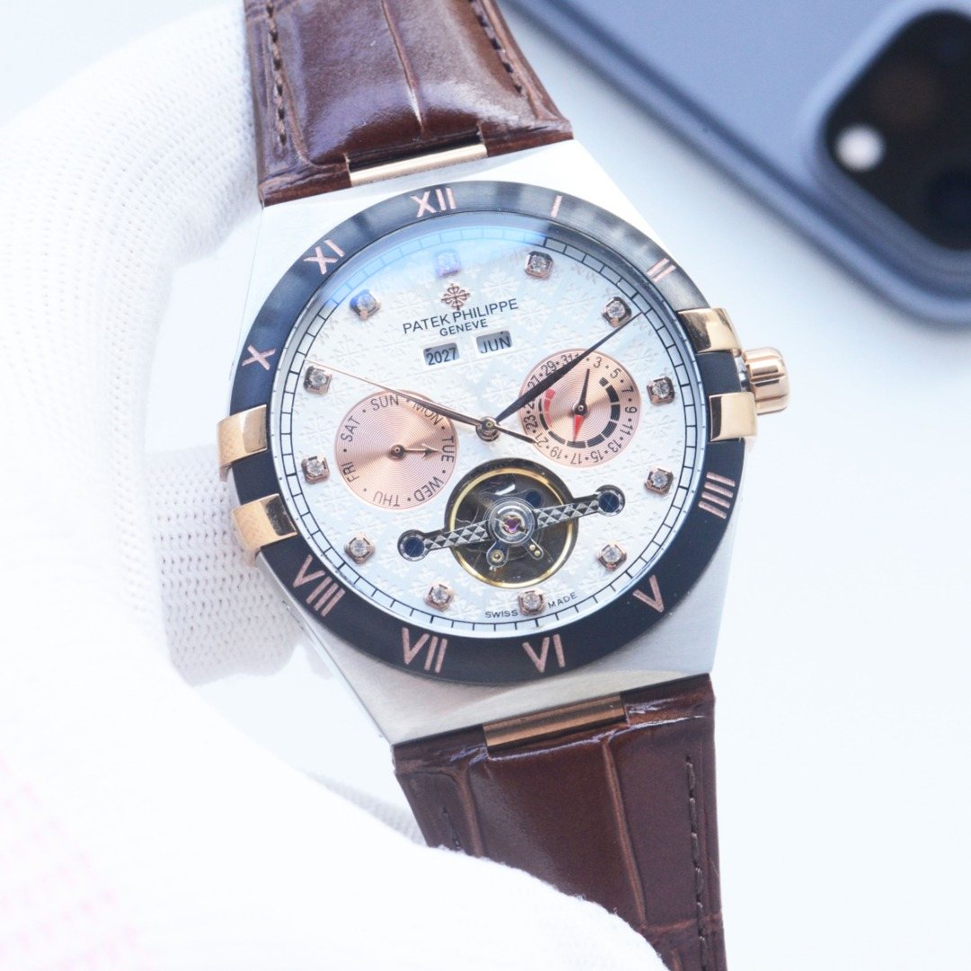 Patek Philippe Brown Two Tone Gold Dial Leather Strap Watch