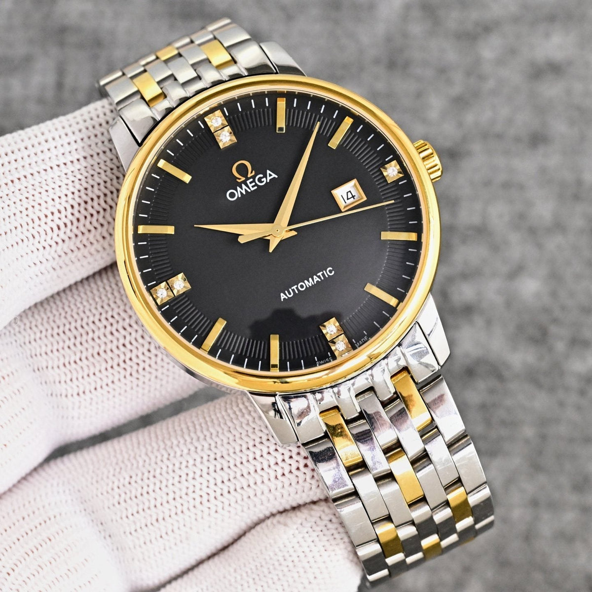 Omega Two Tone Black Dial Bracelet Watch