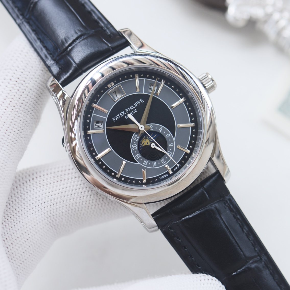 Patek Philippe Silver Black Blue Dial Leather Strap Watch
