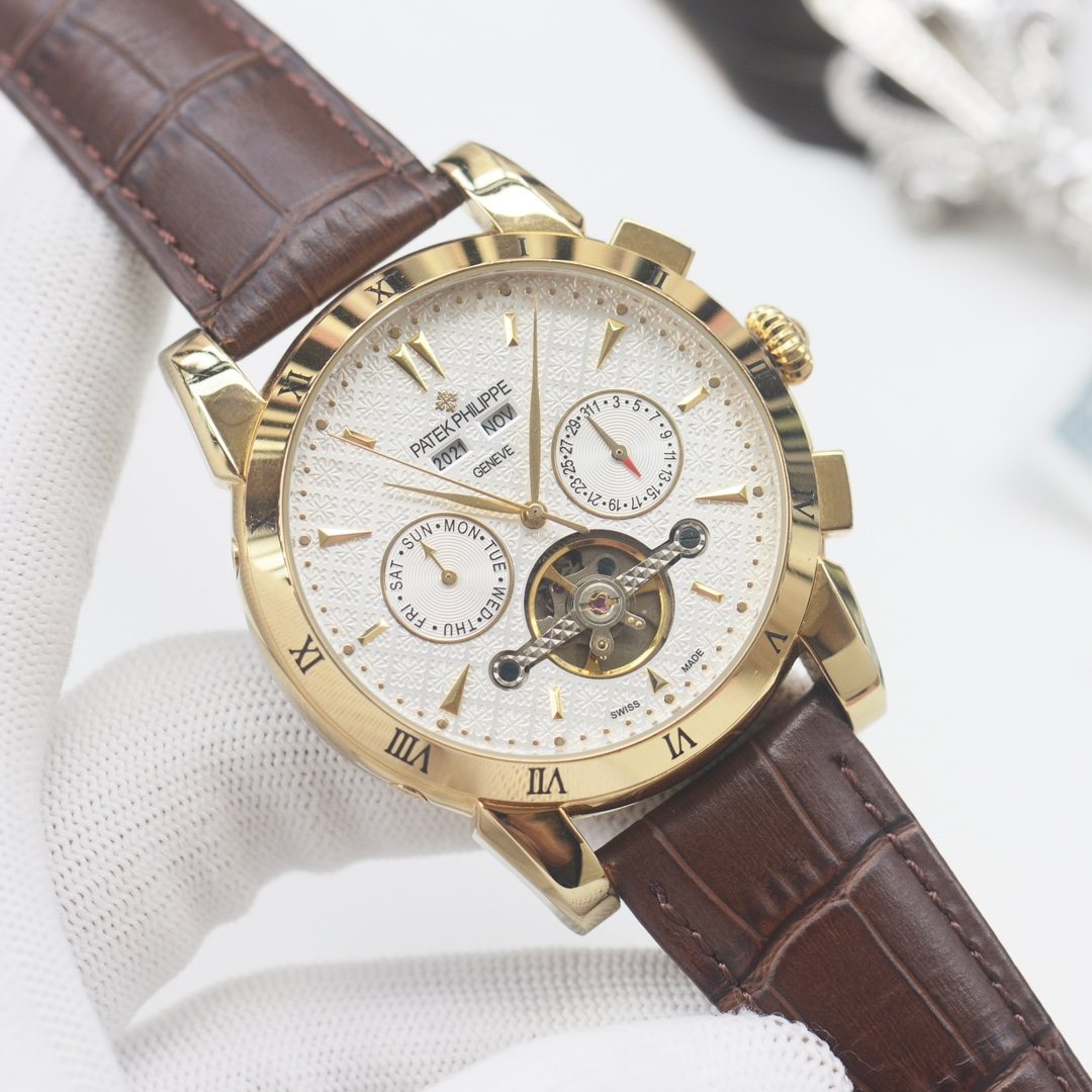 PATEK PHILIPPE Gold Brown White Dial Leather Strap Watch