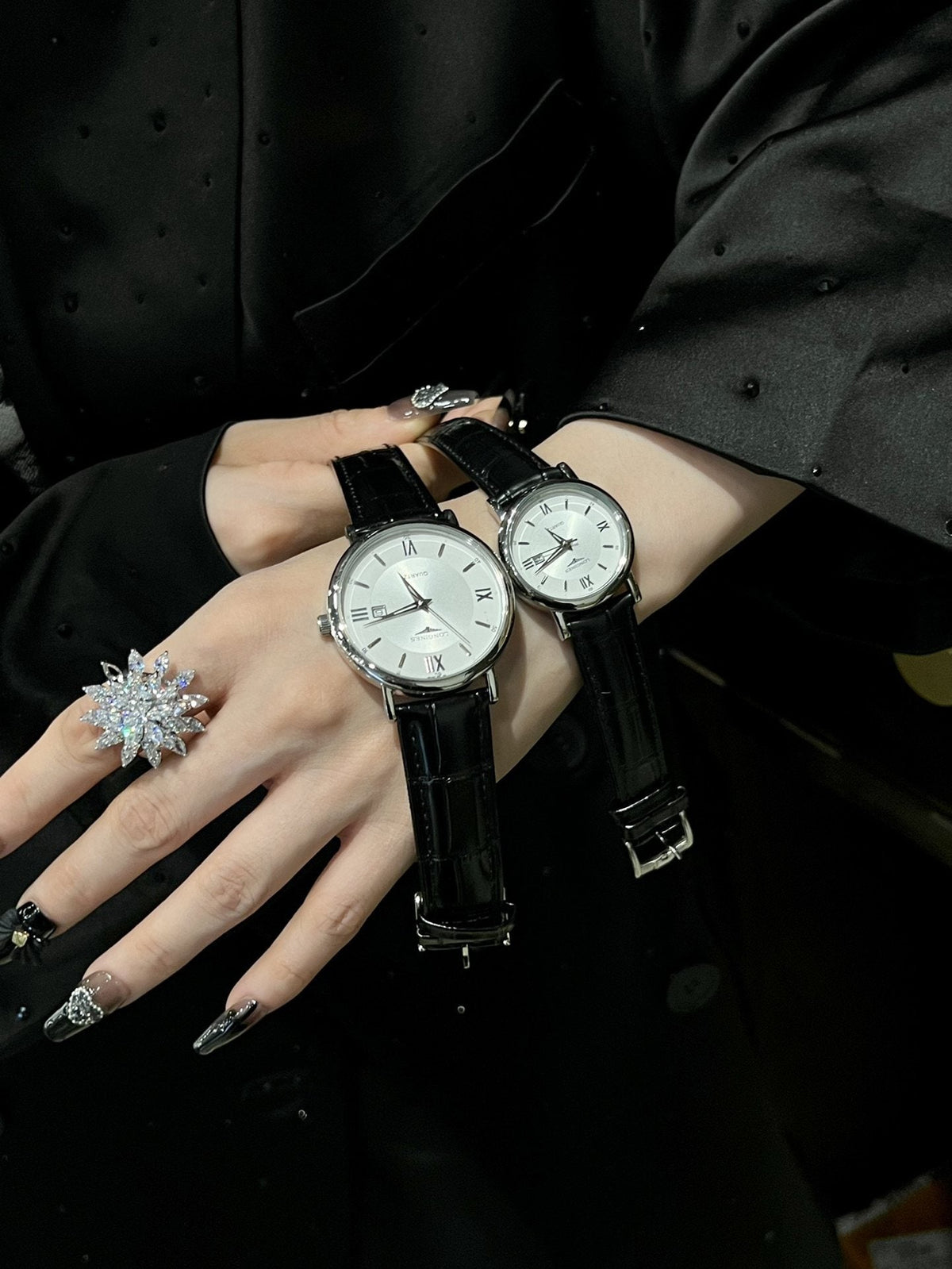Longines Black Silver White Dial Leather Couple Watch Set
