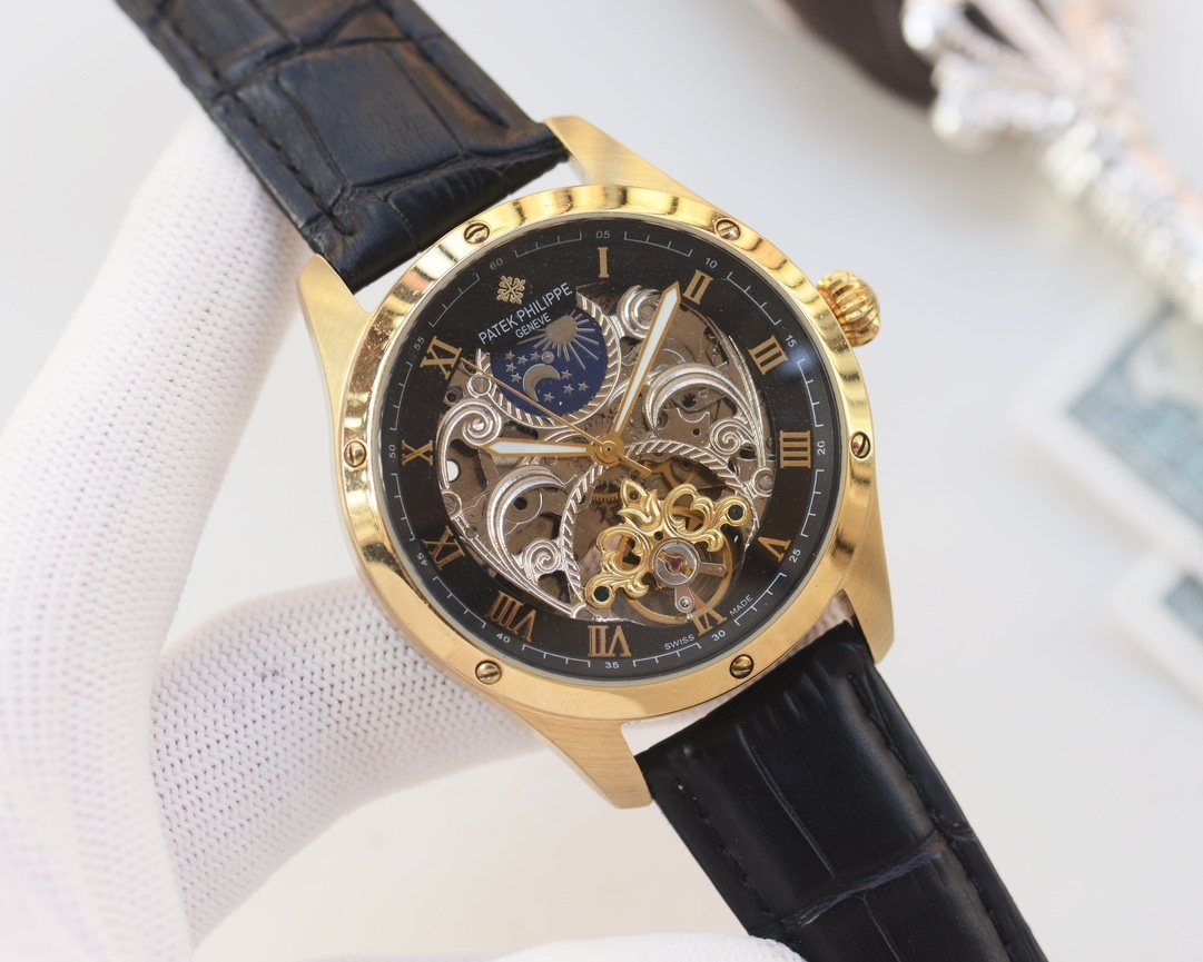 Patek Philippe Gold Black Dial Leather Strap Watch