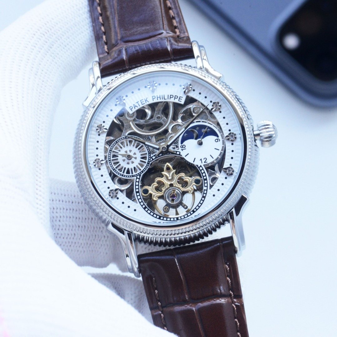 Patek Philippe Brown Silver Dial Leather Strap Watch
