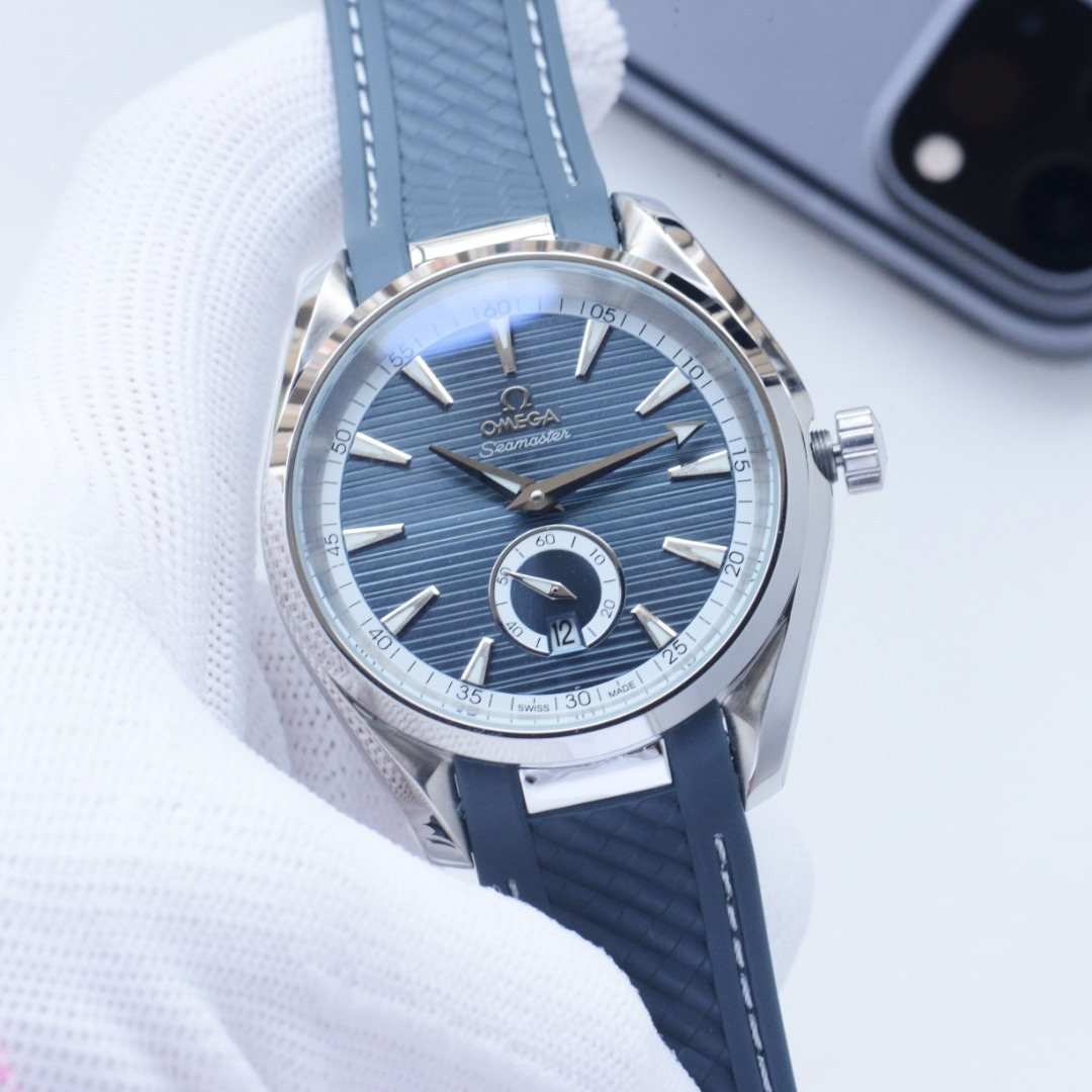 OMEGA Silver Blue Dial Strap Watch