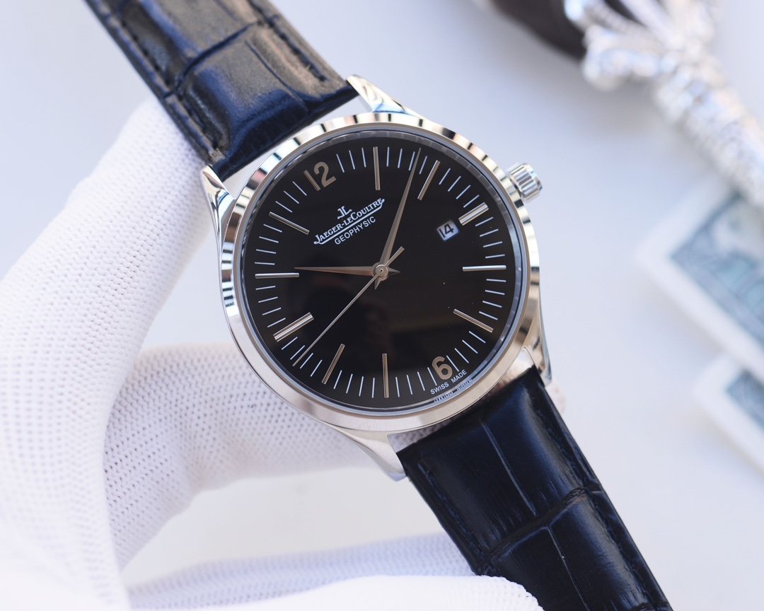 Jaeger-LeCoultre Silver Black Dial Leather Strap Watch
