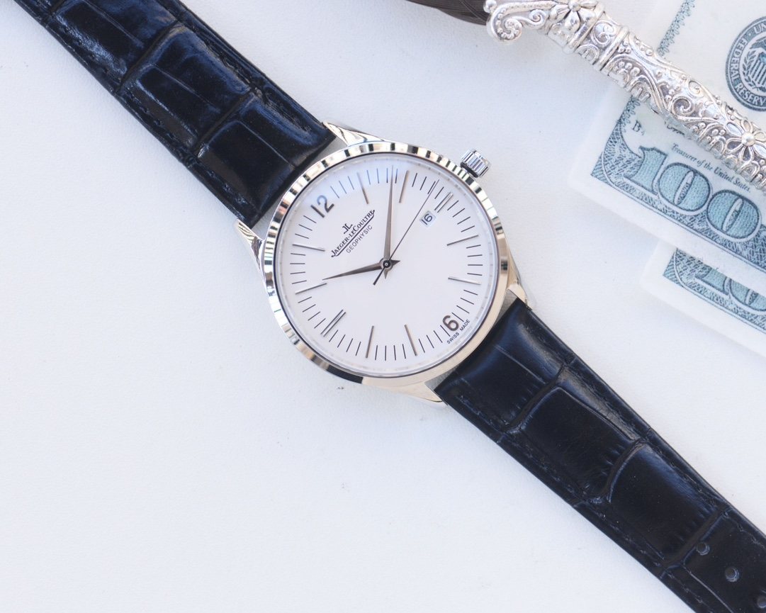 Jaeger-LeCoultre Silver Black White Dial Leather Strap Watch