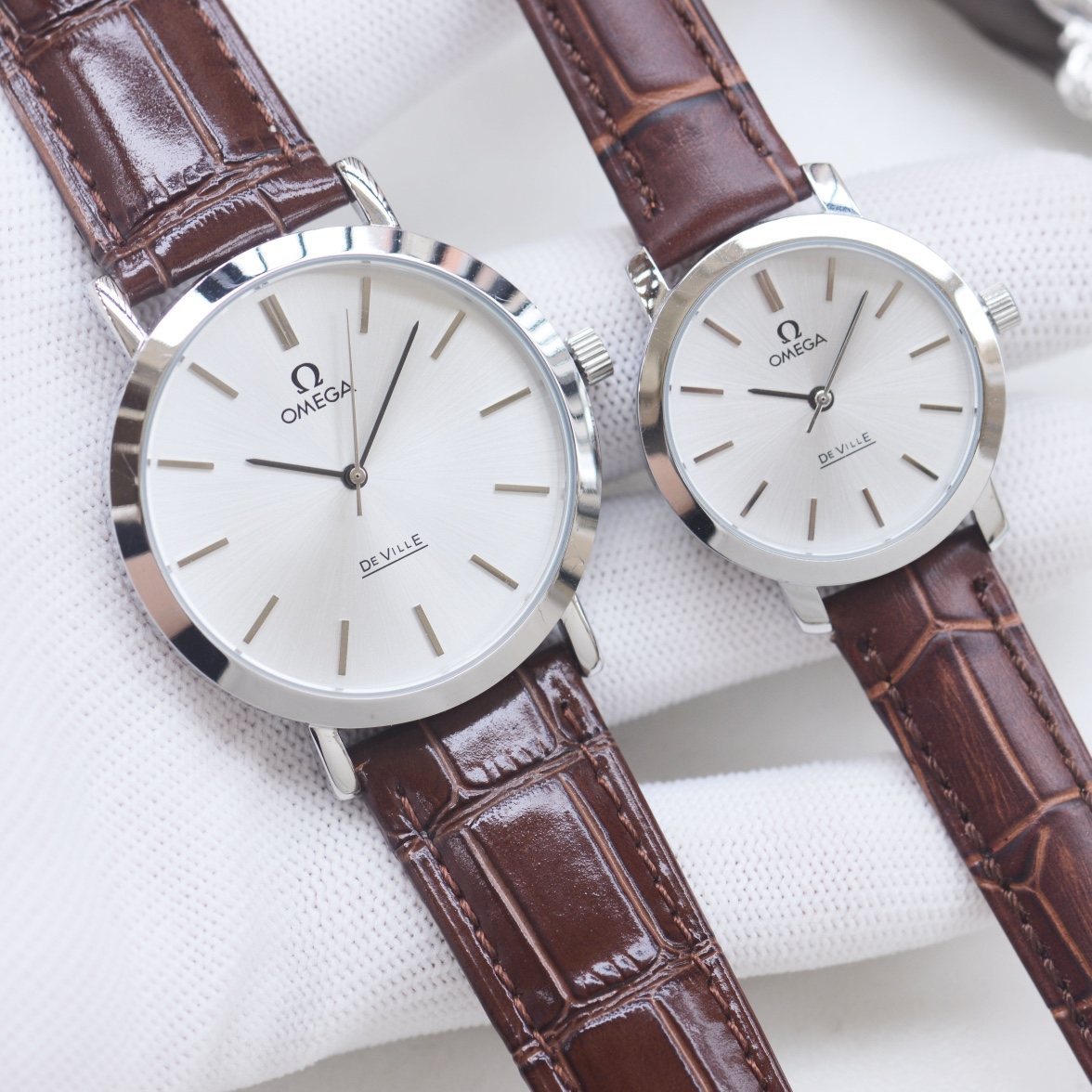 Omega Silver Brown Strap Couple Watch Set
