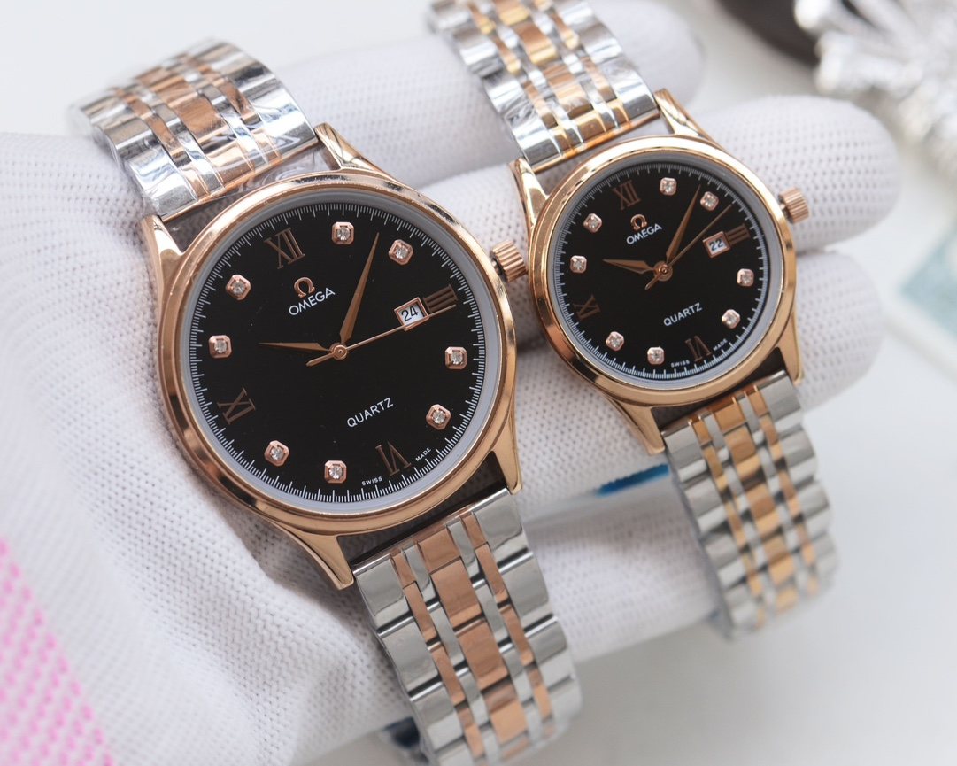 Omega Two-Tone Black Dial Bracelet Couple Watch Set